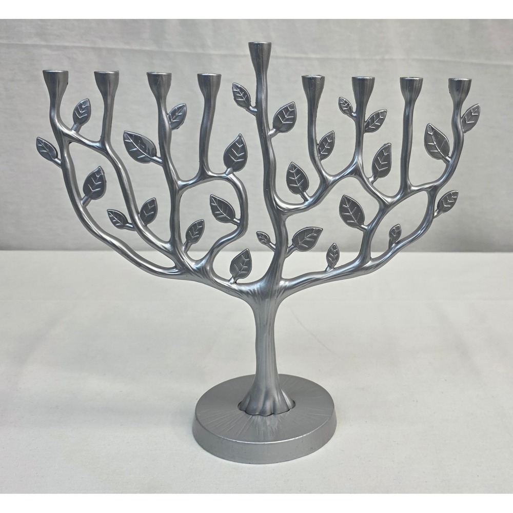 The Dreidel Company Tree of Life Menorah Pewter Finish Hanukkah‎ Candelabra 10in